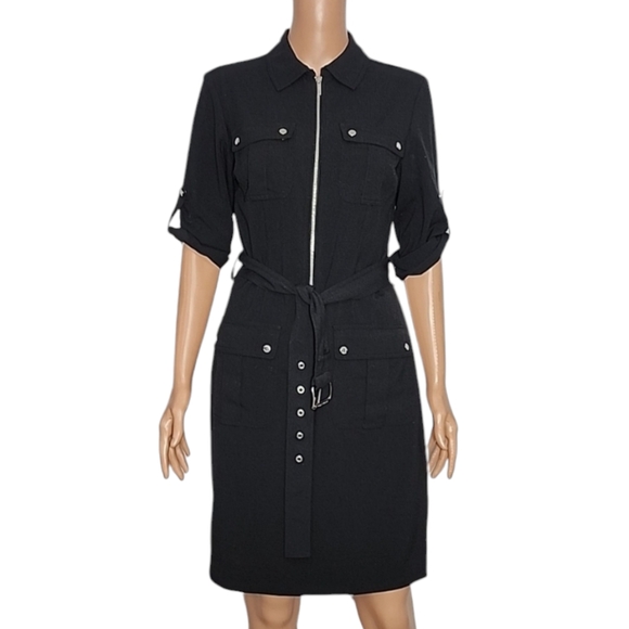 Michael Kors Womens Roll Tab Sleeve Pockets Black‎ Collared Dress Size S Small - Picture 3 of 13
